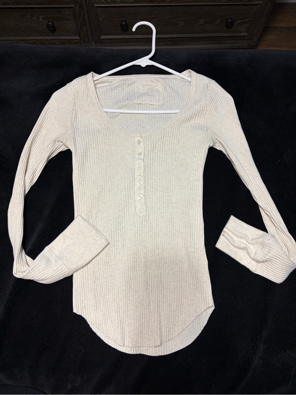 aerie Ribbed Henley Long Sleeve Top - Cream